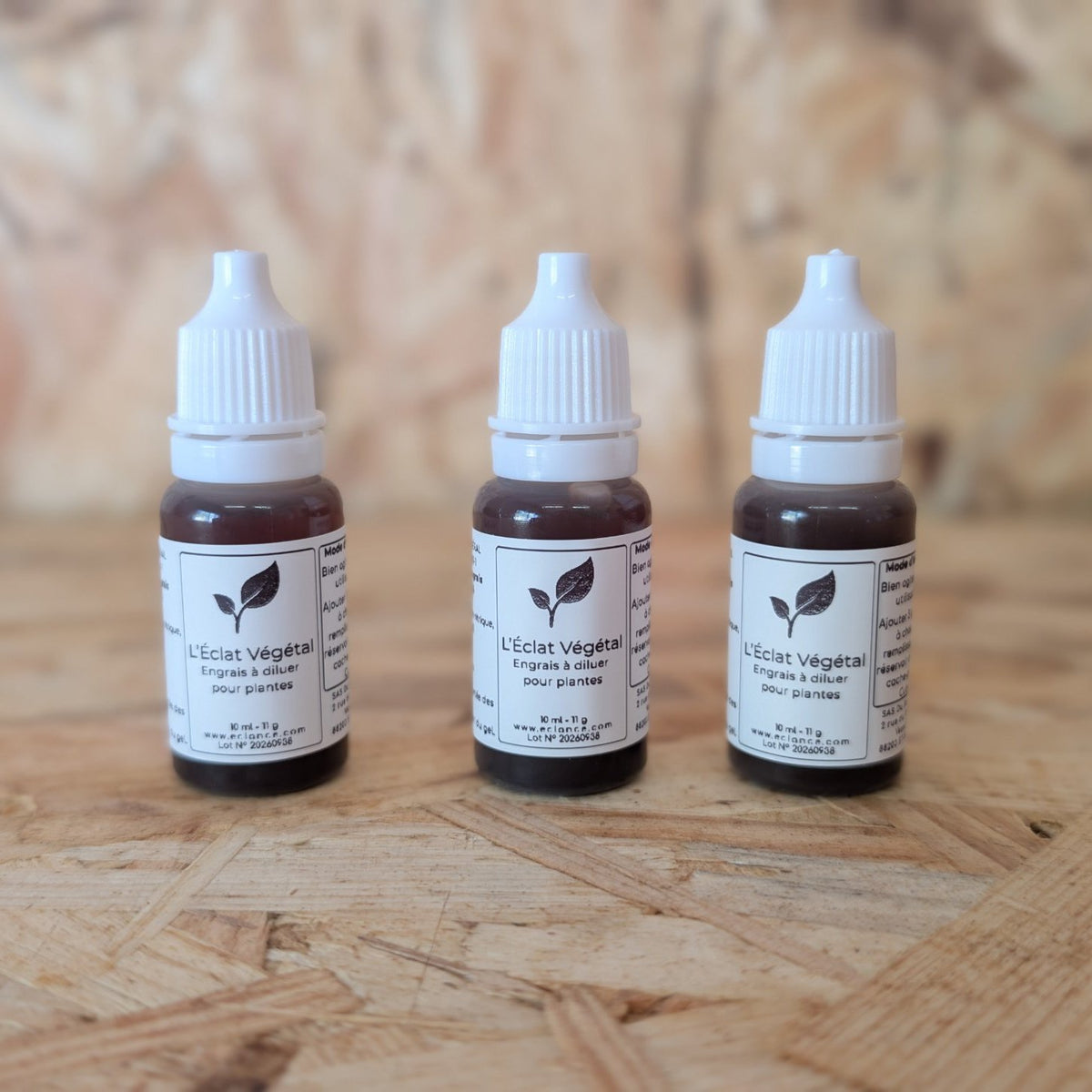 Trois flacons compte-gouttes de 10 ml de L’Éclat Végétal, engrais à diluer pour plantes Éclance, posés côte à côte sur un plan de travail en bois.