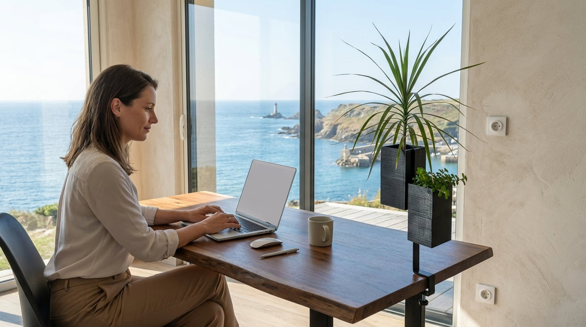 Une femme travaille dans son bureau moderne et lumineux face à la mer, où le système de support îlot végétal Éclance est fixé à sa table de bureau par son lien étau. Cet ensemble comprend deux cache-pots design Éclance : le grand cache-pot Le cache-pot Le Cube noir  spécialement conçu pour un pot de 6cm, abritant des plantes vertes. La grande baie vitrée offre une vue imprenable sur une côte rocheuse avec un phare et un port sur l'océan. Décoration intérieure végétale Éclance pour un espace de travail.