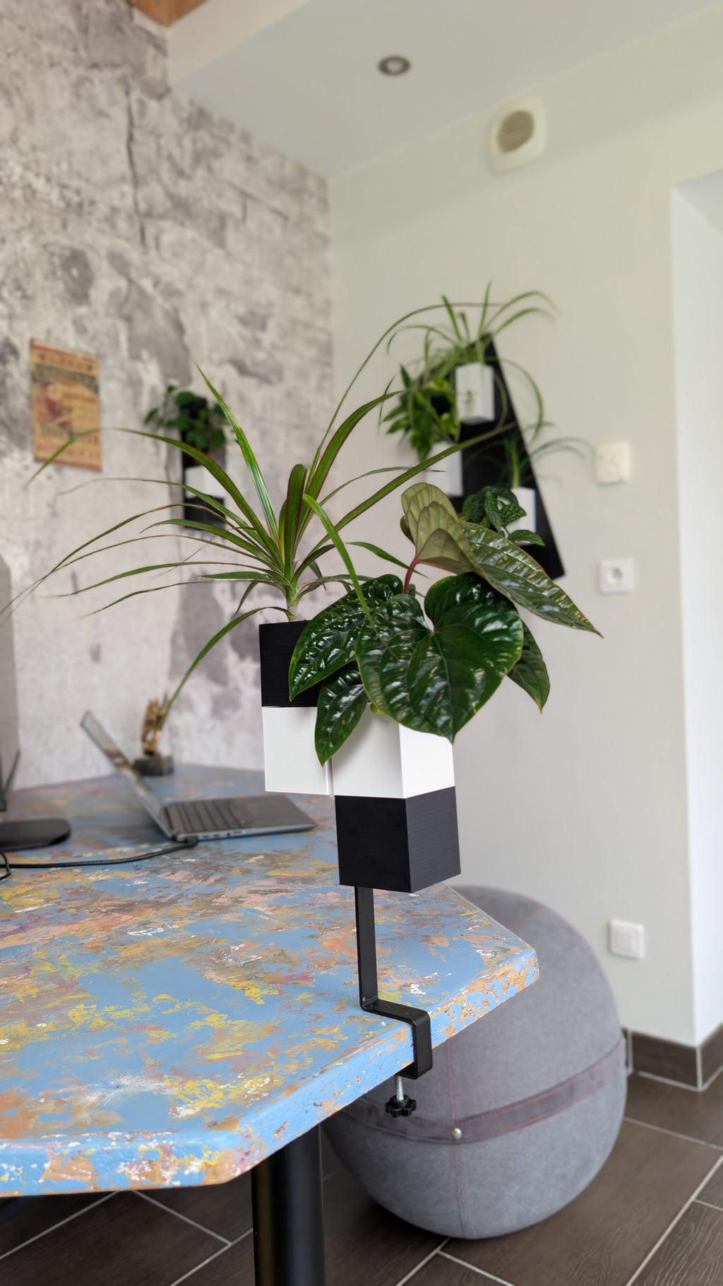L'Îlot Végétal Éclance double bicolore noir et blanc : support pour plantes Îlot Végétal noir et blanc fixé au bord d'un bureau coloré.