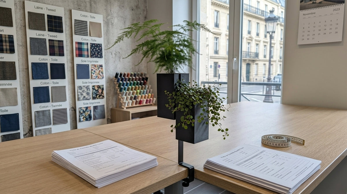 Un plan moyen d'un bureau de gestion administrative Éclance décoration intérieur végétal. Le support l'îlot végétal noir Éclance est fixé au bord d'une table en chêne, portant deux cache-pots Le cube noirs de 6cm avec des plantes d'intérieur (fougère d'asperge et Muehlenbeckia). De chaque côté du support se trouvent des piles de "Fiches de Clients-Détails". Un mètre ruban est posé à droite.