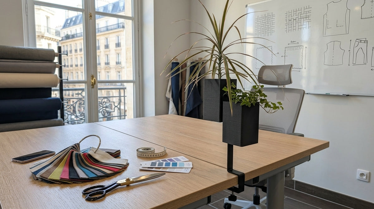 photographie professionnelle d'un studio de patronage et création textile avec le support l'îlot végétal Éclance décoration intérieur végétal noir mat fixé par son lien au bord de la table de travail en chêne clair. Le support maintient deux cache-pots Le cube noirs mats, chacun adapté pour un pot de 6cm, contenant des plantes d'intérieur (palmier araignée et lierre).