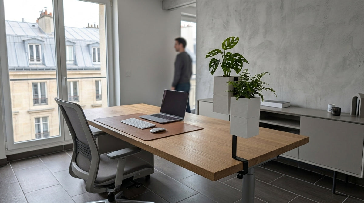 Un îlot végétal Éclance avec deux cache-pots Le cube blancs (pour pots de 6 cm), sur un bureau en bois contemporain. Le pot supérieur contient un Monstera adansonii et le pot inférieur une fougère. L'arrière-plan montre un homme marchant et une vue sur Paris à travers une fenêtre.