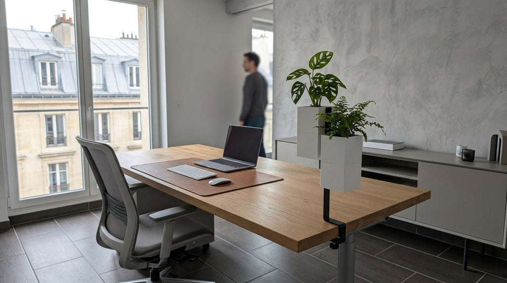Un îlot végétal Éclance avec deux cache-pots Le cube blancs (pour pots de 6 cm), sur un bureau en bois contemporain. Le pot supérieur contient un Monstera adansonii et le pot inférieur une fougère. L'arrière-plan montre un homme marchant et une vue sur Paris à travers une fenêtre.