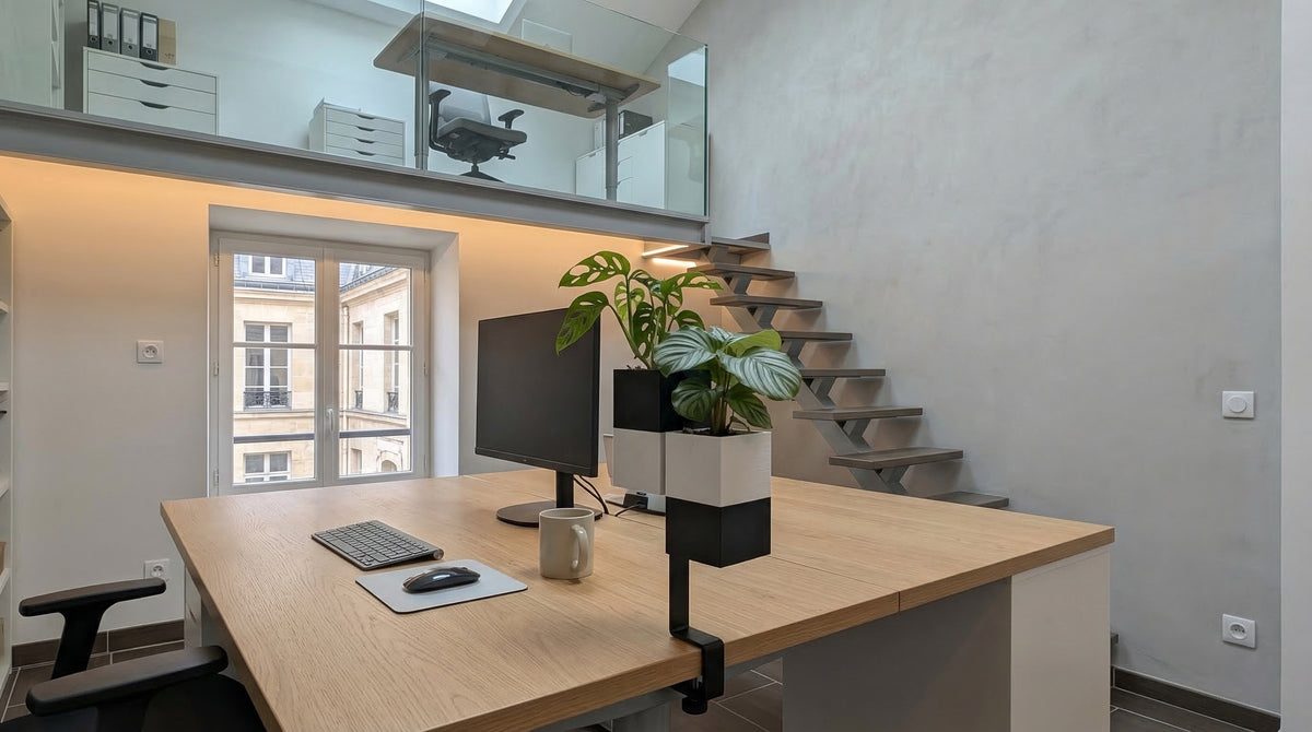 Vue d'ensemble d'un grand bureau design en bois clair dans un loft moderne et épuré avec mezzanine. Au premier plan, fixé par une pince de l'îlot végétal Éclance, se trouve un support vertical en métal noir portant une pile de deux cache-pots Le cube (pour pots de 6cm). Le cube supérieur, noir, contient une Monstera adansonii (plante-fromage suisse), tandis que le cube inférieur, blanc, abrite une Calathea orbifolia. La structure crée le lien fonctionnel avec le bureau.