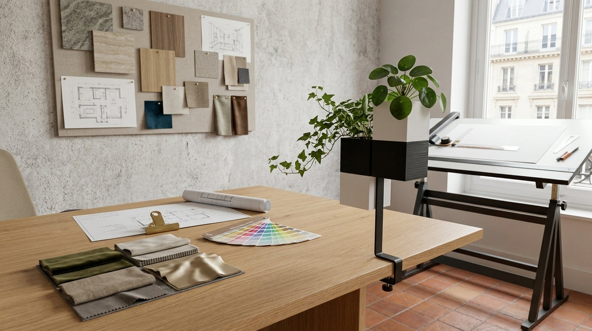 Support de décoration intérieure végétale Éclance : Le Lien (L'Îlot Végétal) avec ses deux cache-pots Le Cube (noir et blanc, pour pot de 6cm) fixés sur un bureau d'architecte en bois. Pilea et lierre. Plans et moodboard visibles.