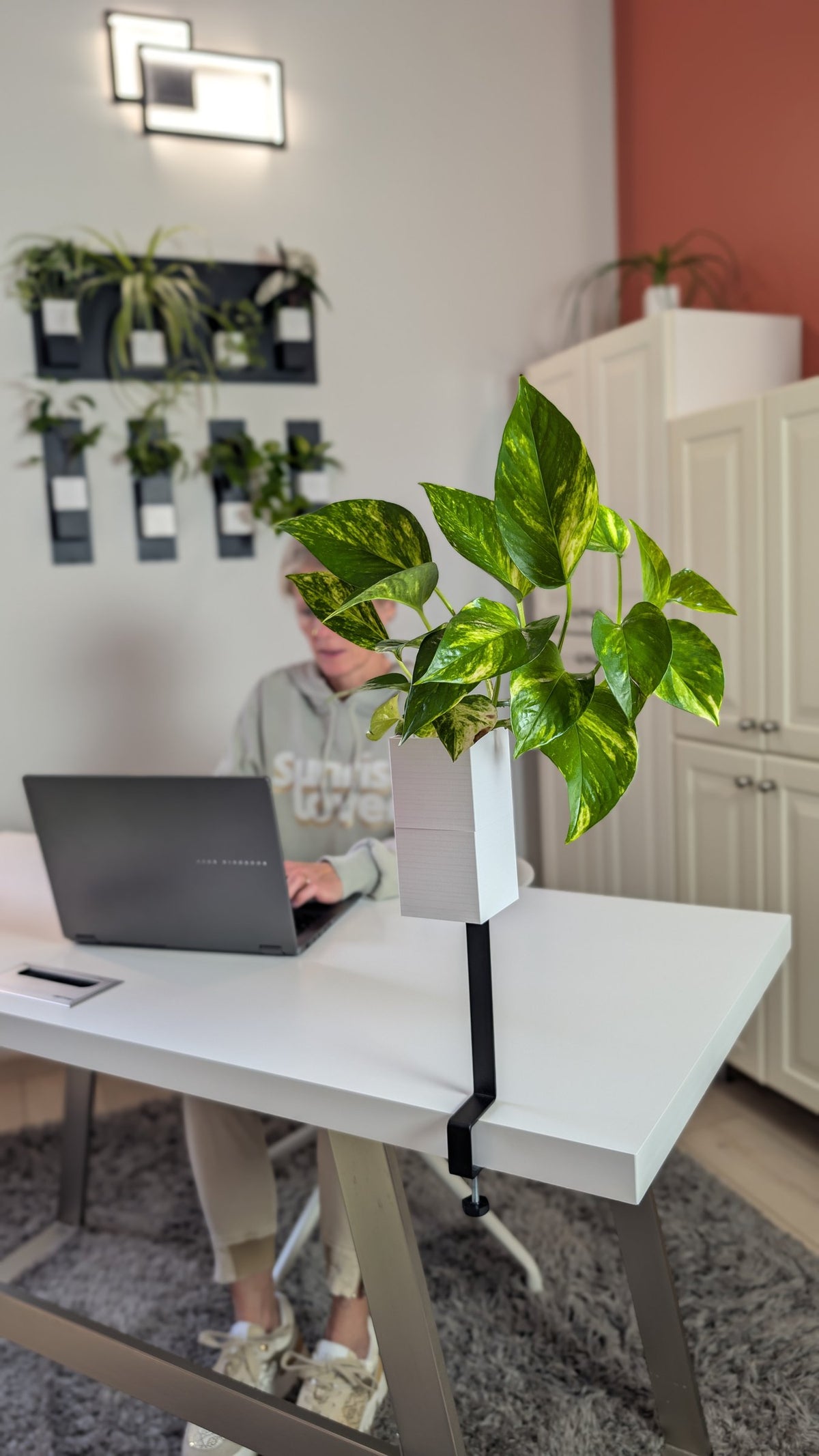 L'Îlot Végétal Éclance simple blanc : un pot blanc fixé à un bureau par une pince supporte une plante verte.
