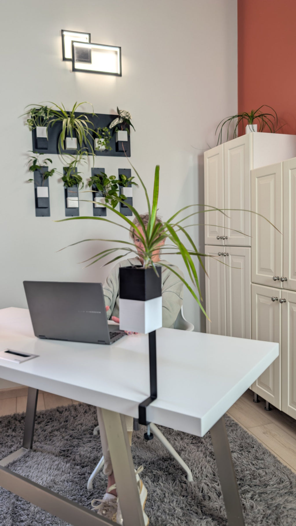 L'Îlot Végétal Éclance simple bicolore (cube haut noir, cube bas blanc) : un bureau moderne avec un îlot végétal fixé sur le plateau et des murs végétaux décoratifs.