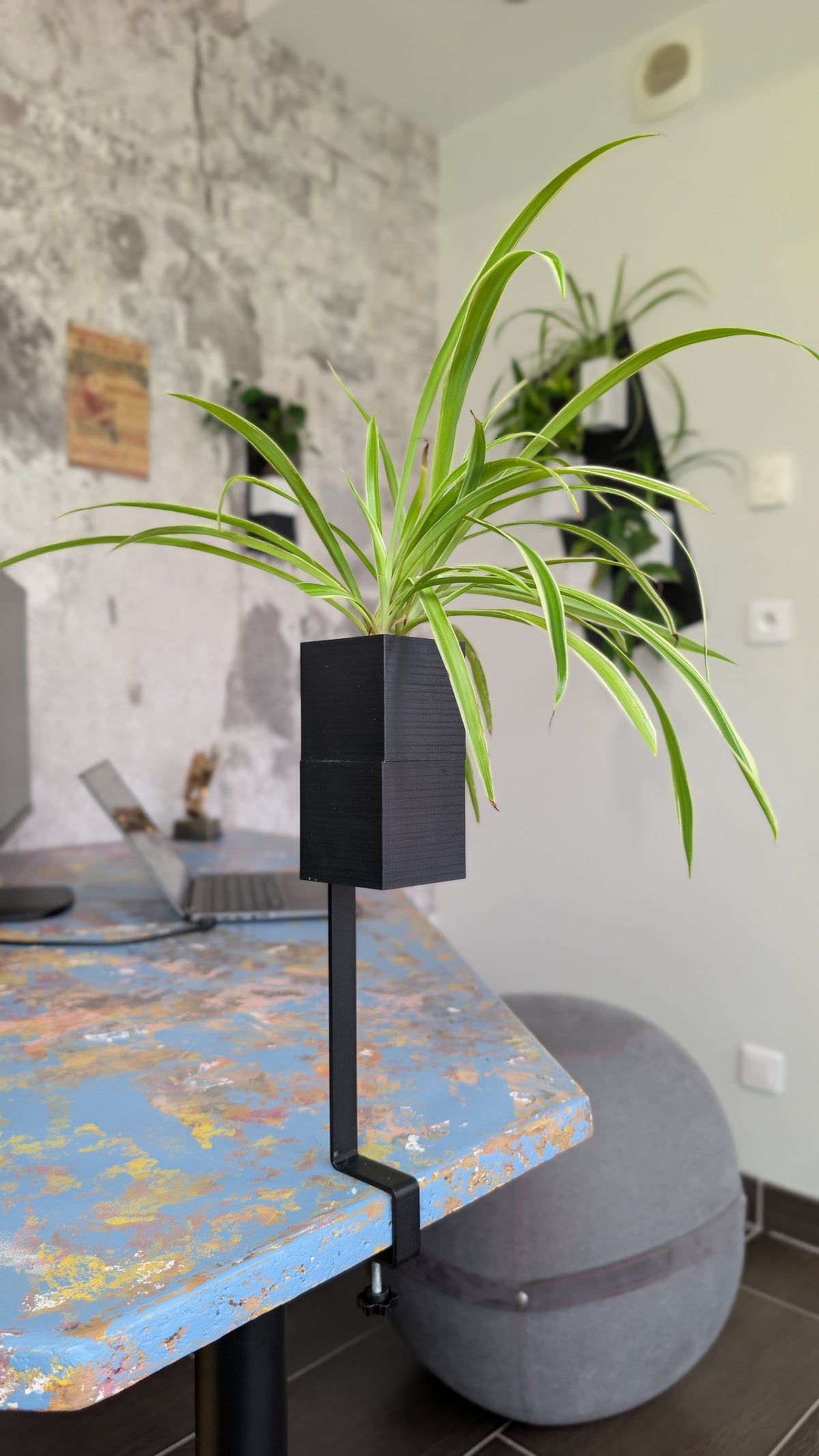 L'Îlot Végétal Éclance simple noir : un support de pot de plante noir fixé par une pince sur un bureau de travail.
