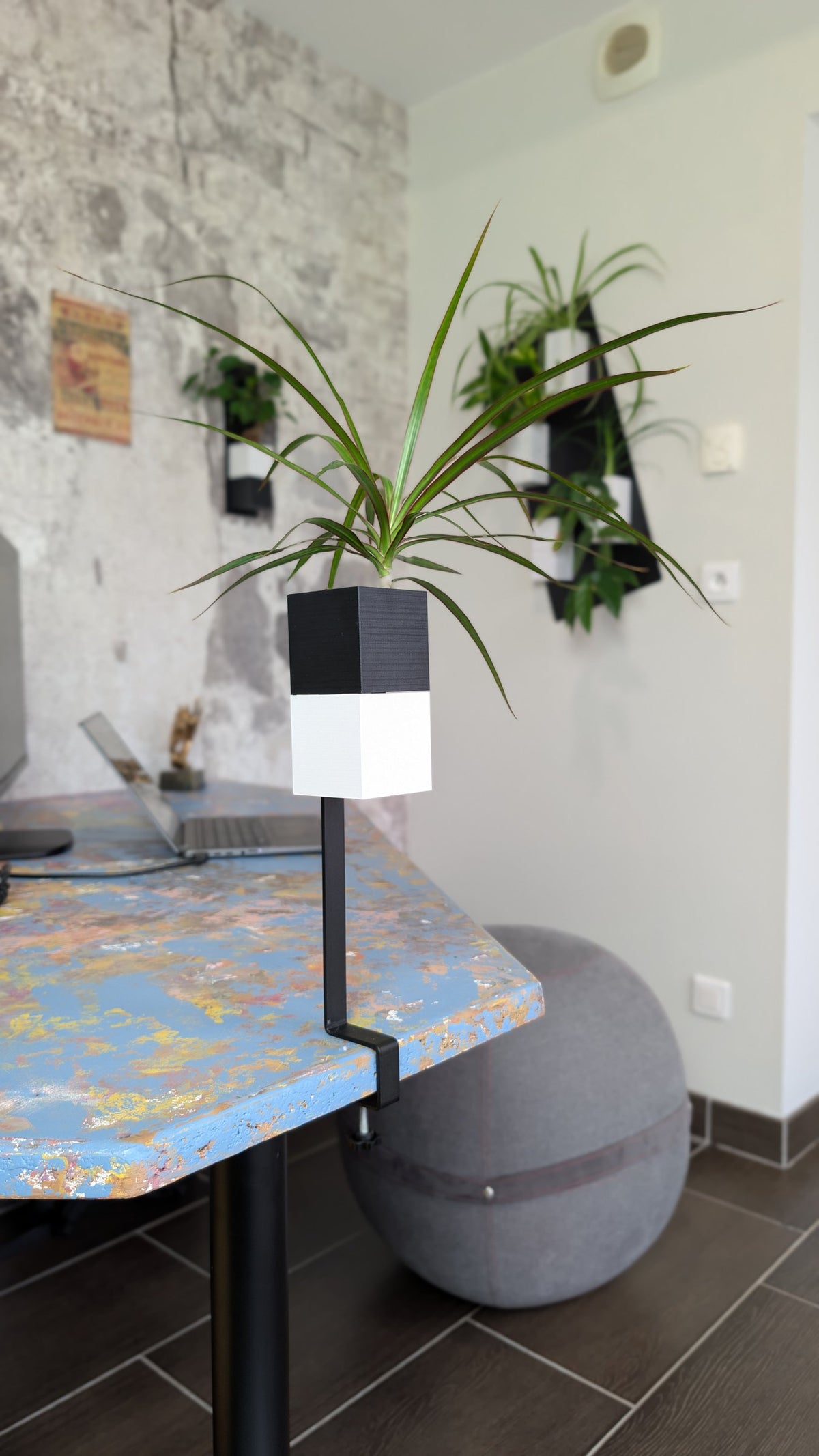 L'Îlot Végétal Éclance simple bicolore (cube haut noir, cube bas blanc) : un cache-pot bicolore noir et blanc fixé par une pince sur le bord d'un bureau.