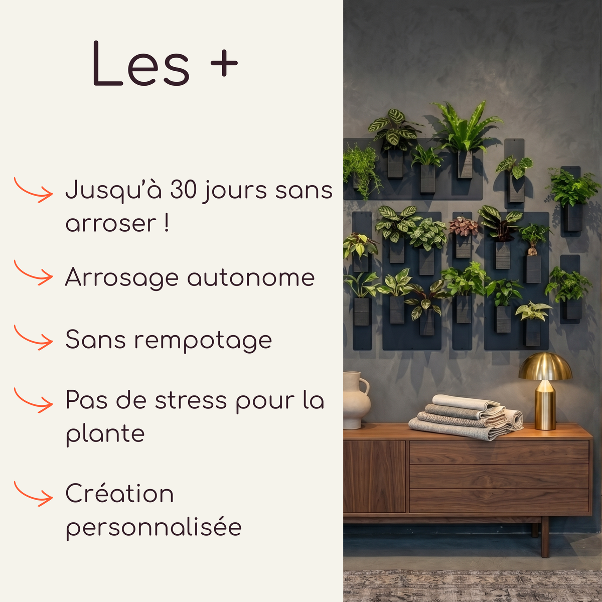 Infographie explicative du mur végétal modulable par Éclance décoration intérieur végétal. Le visuel détaille le concept avec quatre flèches orange mettant en avant ses caractéristiques : un design épuré, une fixation simple, une plaque en acier noir et le cache-pot Le cube noir à dos aimanté, parfaitement adapté pour un pot de 6cm. Des plantes vertes variées sont disposées harmonieusement sur la structure.