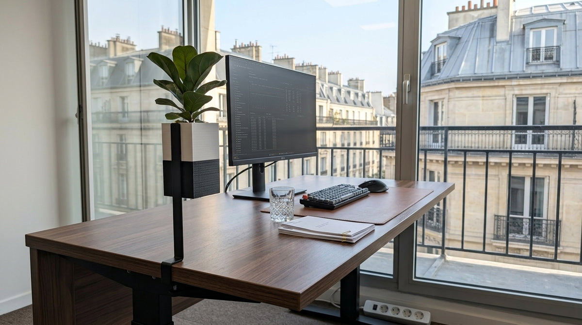 Photo nette et de haute qualité montrant le cache-pot cubique Éclance 'Le cube' (bicolore blanc et noir, pour pot de 6cm) contenant un grand Fiddle Leaf Fig, fixé au support clamp 'L'îlot végétal' sur un bureau en noyer dans un bureau professionnel parisien. En arrière-plan, un multi-moniteur et une vue floue de Paris avec des balcons Haussmanniens.