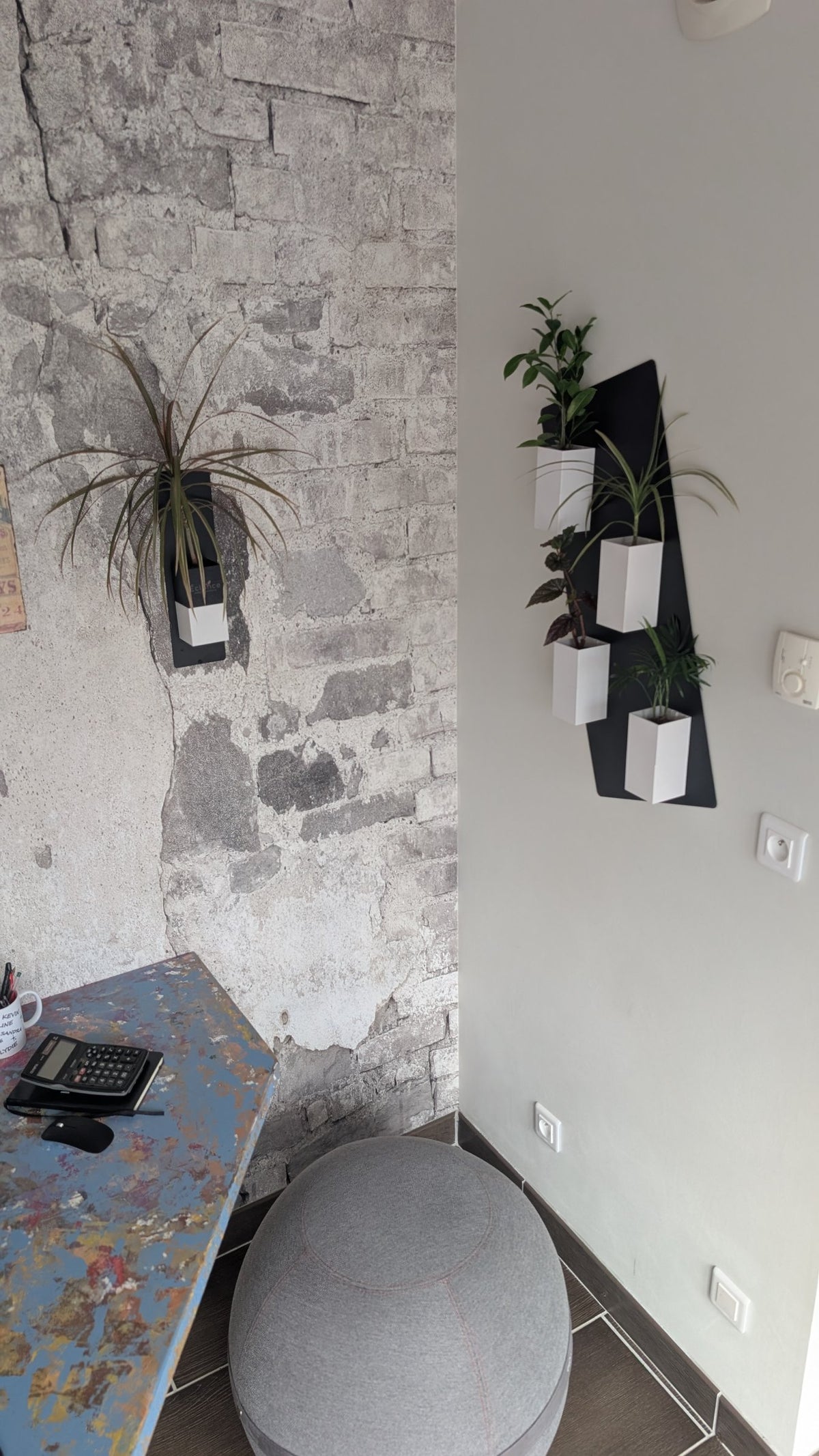 Mini mur végétal Éclance M4 blanc : support mural Éclance avec pots blancs et plantes vertes installés dans un coin bureau au style industriel.