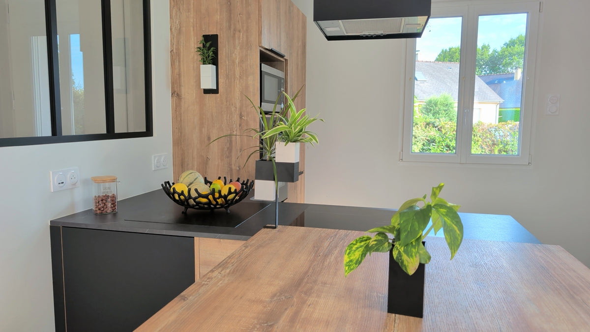 Mini mur végétal Éclance M1 blanc : support mural végétal Mini Mur blanc fixé sur une colonne de cuisine en bois naturel.