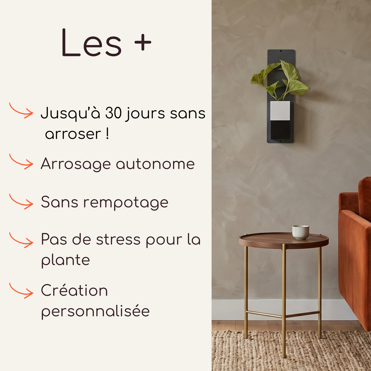 Infographie présentant les avantages du mini mur végétal Éclance : arrosage autonome jusqu'à 30 jours, sans rempotage et création personnalisée. Le visuel montre le produit fixé sur un mur texturé beige à côté d'un canapé terracotta, incluant une plaque en acier noir et un cache-pot Le Cube bicolore blanc et noir, adapté pour un pot de 6cm.