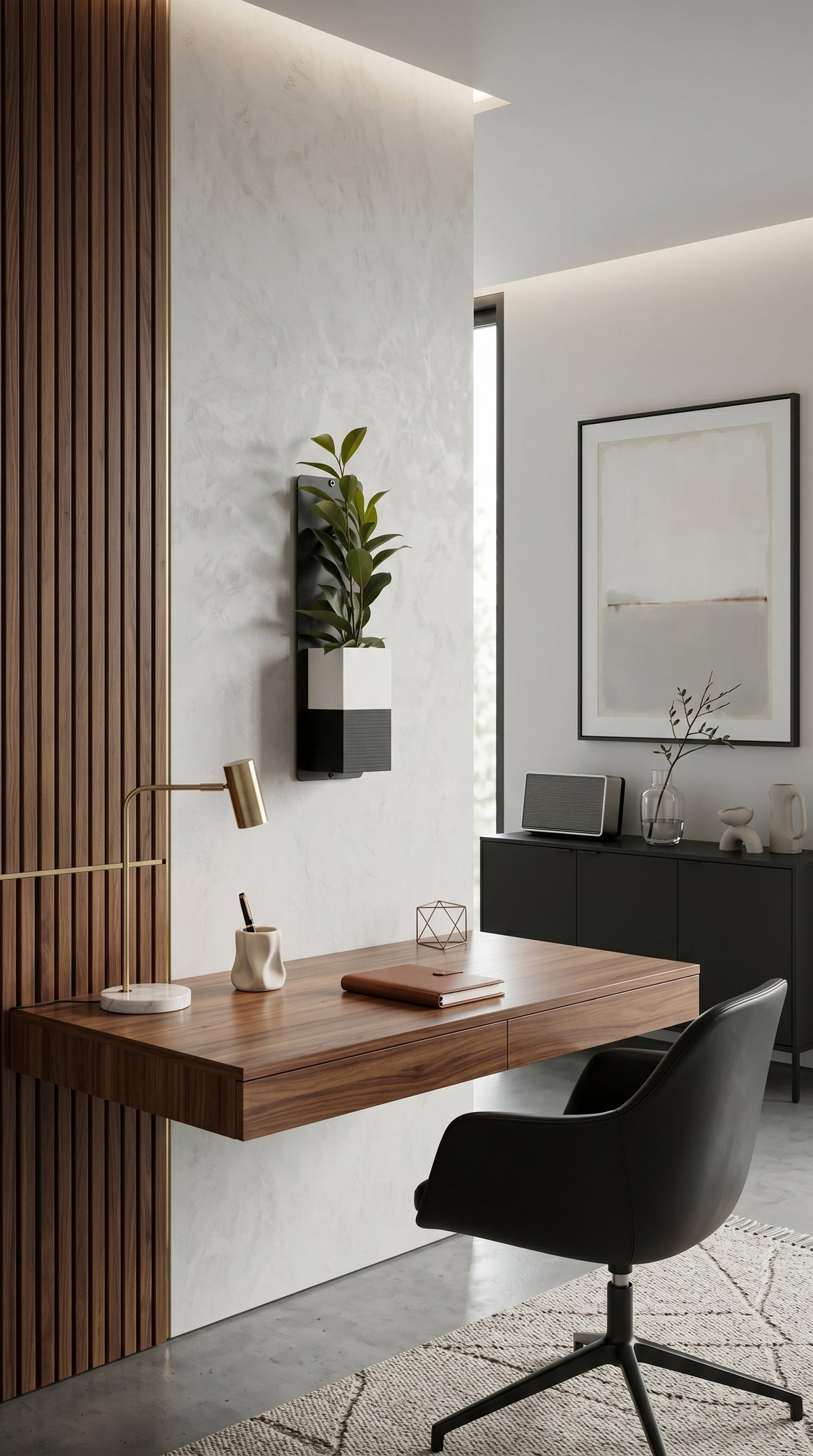 Décoration d'intérieur végétale Éclance dans un espace bureau contemporain et chic. Un mini mur végétal composé d'une plaque en acier noir et d'un cache-pot Le Cube bicolore blanc et noir, adapté pour un pot de 6cm, est fixé au-dessus d'un bureau suspendu en bois de noyer. Un fauteuil de bureau noir en cuir et un habillage mural en tasseaux de bois complètent l'arrière-plan.