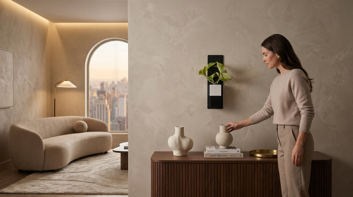 Ambiance de décoration d'intérieur végétale Éclance dans un salon de luxe épuré. Un mini mur végétal composé d'une plaque en acier noir et d'un cache-pot Le Cube bicolore blanc et noir, adapté pour un pot de 6cm, orne une cloison texturée. Une femme agence des vases en céramique sur une enfilade en bois cannelé au premier plan, devant un canapé bouclette et une grande arche vitrée.