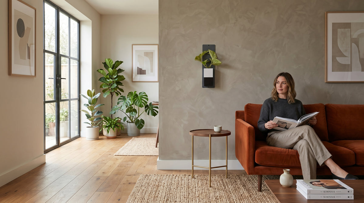Idée de décoration d'intérieur végétale Éclance dans un grand salon lumineux avec parquet. Un mini mur végétal composé d'une plaque en acier noir et d'un cache-pot Le Cube bicolore blanc et noir, conçu pour un pot de 6cm, est fixé sur une cloison texturée beige. Au premier plan, une femme lit sur un canapé en velours terracotta à côté d'une petite table ronde.