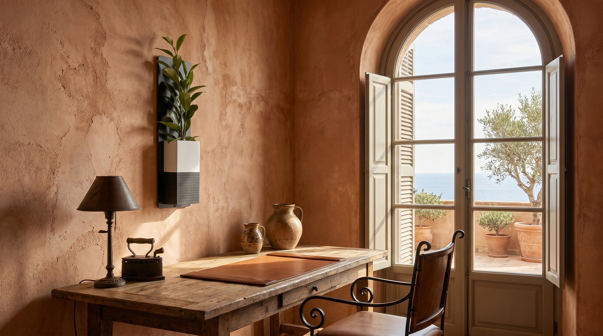Décoration d'intérieur végétale Éclance dans un bureau au style méditerranéen avec des murs en enduit terracotta. Un mini mur végétal composé d'une plaque en acier noir et d'un cache-pot Le Cube bicolore blanc et noir, adapté pour un pot de 6cm, est fixé au-dessus d'une table en bois rustique. Une grande arche vitrée s'ouvre sur une terrasse avec vue sur la mer.