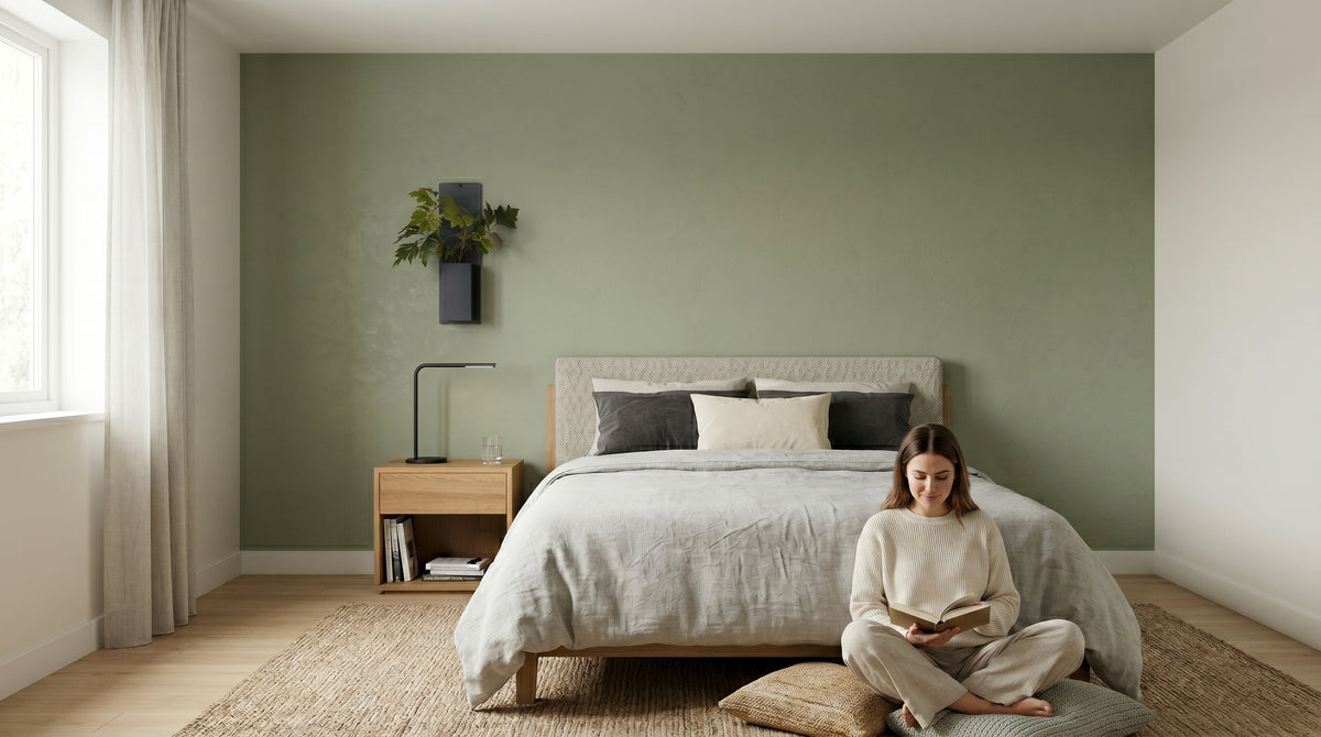 Décoration d'intérieur végétale Éclance avec un mini mur végétal noir fixé sur un mur vert sauge dans une chambre. Le support comprend un cache-pot Le Cube tout noir adapté pour un pot de 6cm. En arrière-plan, une femme lit un livre assise au sol près du lit, créant une ambiance zen et naturelle