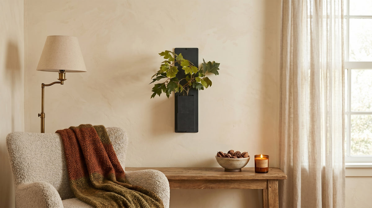 Décoration d'intérieur végétale Éclance avec un mini mur végétal composé d'une plaque en acier noir et d'un cache-pot Le Cube noir tout adapté pour un pot de 6cm. Le support est fixé au mur dans un salon à l'ambiance chaleureuse, au-dessus d'une table en bois brut, à côté d'un fauteuil avec plaid et d'une lampe à poser.