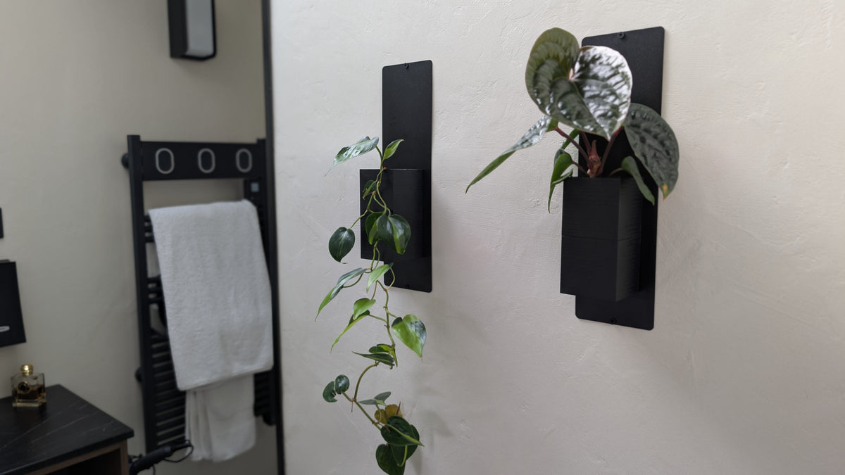 Mini mur végétal Éclance M1 noir : deux supports muraux noirs Éclance accueillant des plantes vertes dans une salle de bain moderne.