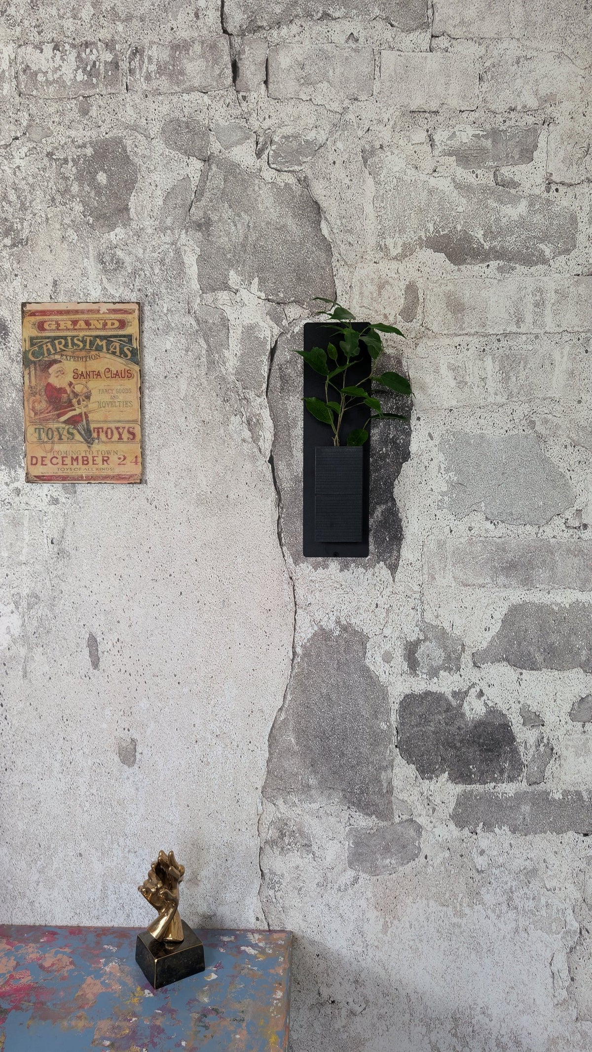 Mini mur végétal Éclance M1 noir : support mural Mini Mur noir fixé sur un mur en pierre rustique avec une petite plante.