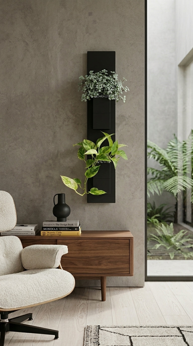 Décoration intérieur végétal par Éclance : un mur avec 2 cubes noirs, fixé sur un mur en béton texturé dans un salon moderne minimaliste. Une structure en acier noir Éclance accueille deux cache-pots Le cube noirs, adaptés pour des pots de 6cm, remplis d'une plante grasse (en haut) et d'un Pothos tombant (en bas), créant un accent vert et élégant près d'une fenêtre donnant sur des fougères. Un fauteuil Eames Lounge chair et un buffet en noyer complètent la scène. Image