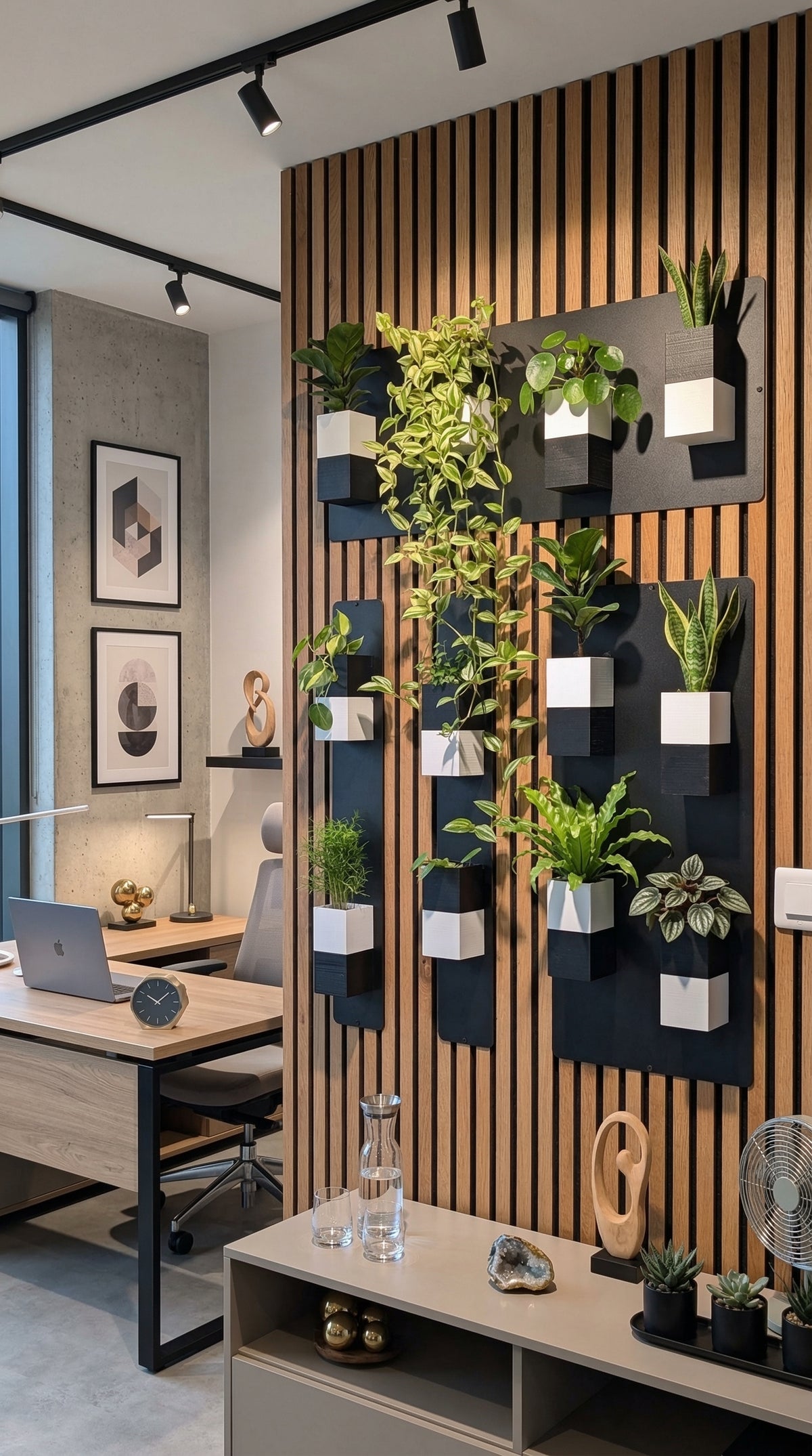 Un aménagement de salon lounge haut de gamme et végétalisé avec un mur végétal Éclance sur tasseaux de bois, composé de multiples cache-pots bicolores noir et blanc 'Le Cube', spécialement conçus pour des pots de 6 cm. L'installation est illuminée par des rubans LED intégrés et se trouve au-dessus d'une élégante console en marbre vert avec une géode et une lampe dorée. Au premier plan, une chaise Eames en cuir noir et noyer avec son ottoman et un plaid.