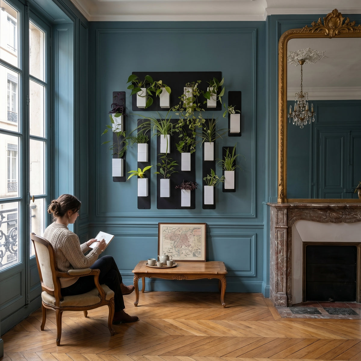 Composition murale végétale modulaire Éclance décoration intérieur végétal au sein d'un salon Haussmannien chic. Sur un mur bleu canard orné de moulures, de nombreux cache-pots Le cube bicolores (blanc et noir) pour pots de 6cm sont fixés magnétiquement sur des panneaux métalliques noirs, abritant diverses plantes d'intérieur luxuriantes. Une femme est assise dans un fauteuil dessine face à cette installation biophilique Éclance, avec un grand miroir doré et une cheminée en marbre en arrière-plan. 