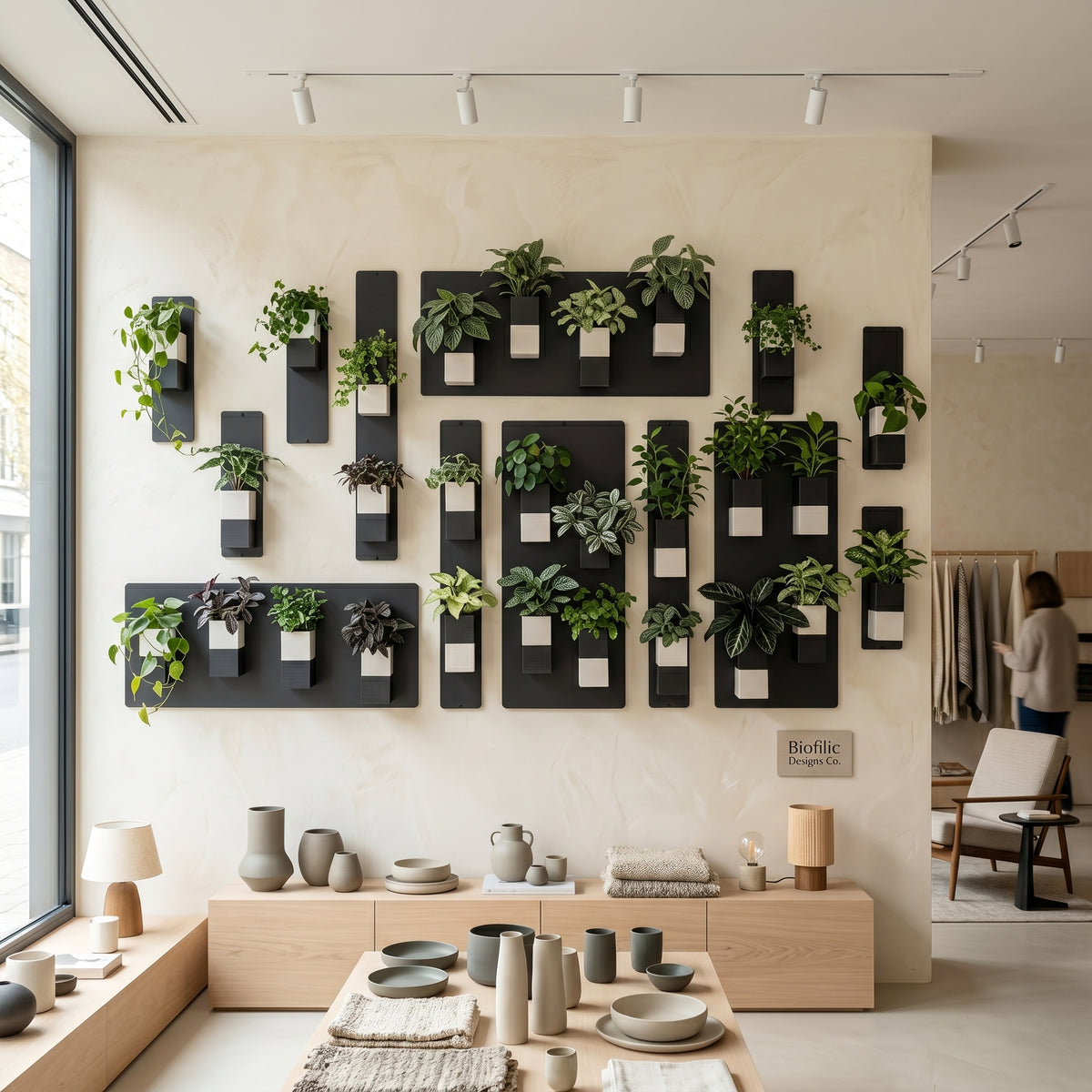 Un grand mur végétal modulaire Éclance est exposé dans une boutique de design d'intérieur haut de gamme au style biophilique. L'installation comprend de nombreuses plaques murales en acier noir et une collection de cache-pots magnétiques bicolores noir et blanc modèle Le Cube, adaptés pour des pots de 6cm, avec diverses plantes vertes. Au premier plan, des meubles en bois présentent de la vaisselle en céramique.
