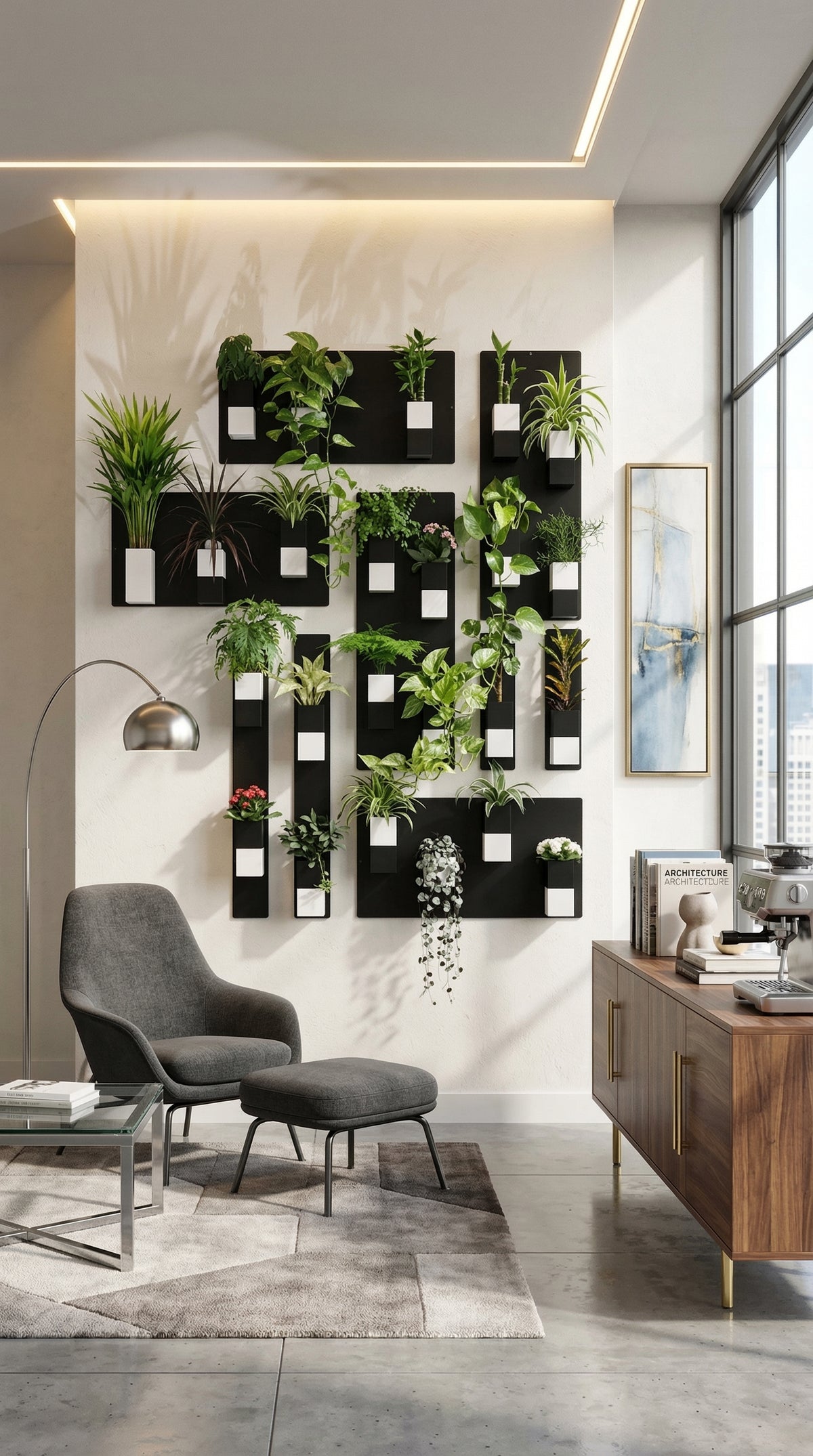Un grand mur végétal modulaire Éclance, composé de multiples cache-pots cubiques 'Le cube Éclance 6cm' noir et blanc, est installé dans un salon ou bureau moderne et lumineux. Le mur végétal présente une collection de petites plantes d'intérieur variées. Au premier plan, un fauteuil lounge gris anthracite avec son ottoman repose sur un tapis géométrique, à côté d'une table d'appoint en verre.