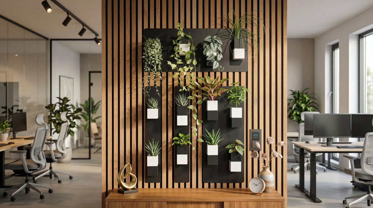 Séparation d'espace végétalisée au cœur d'un bureau open space, utilisant un mur végétal Éclance sur une structure en tasseaux de bois. La composition met en valeur des cache-pots bicolores noir et blanc 'Le cube', spécialement adaptés pour des pots de 6 cm. Au premier plan, un meuble en bois orné d'une sculpture dorée, entouré de postes de travail ergonomiques.