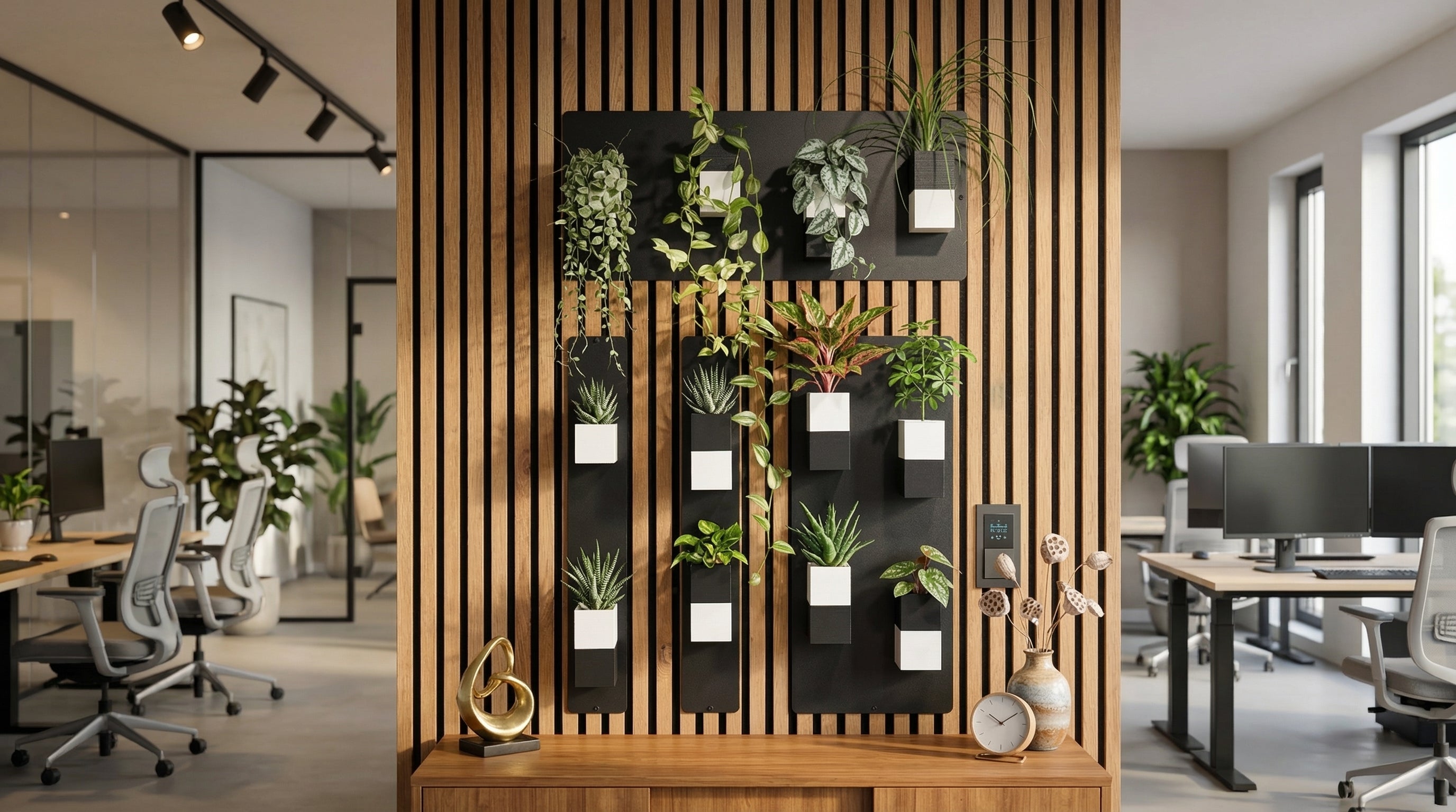 Séparation d'espace végétalisée au cœur d'un bureau open space, utilisant un mur végétal Éclance sur une structure en tasseaux de bois. La composition met en valeur des cache-pots bicolores noir et blanc 'Le cube', spécialement adaptés pour des pots de 6 cm. Au premier plan, un meuble en bois orné d'une sculpture dorée, entouré de postes de travail ergonomiques. Image