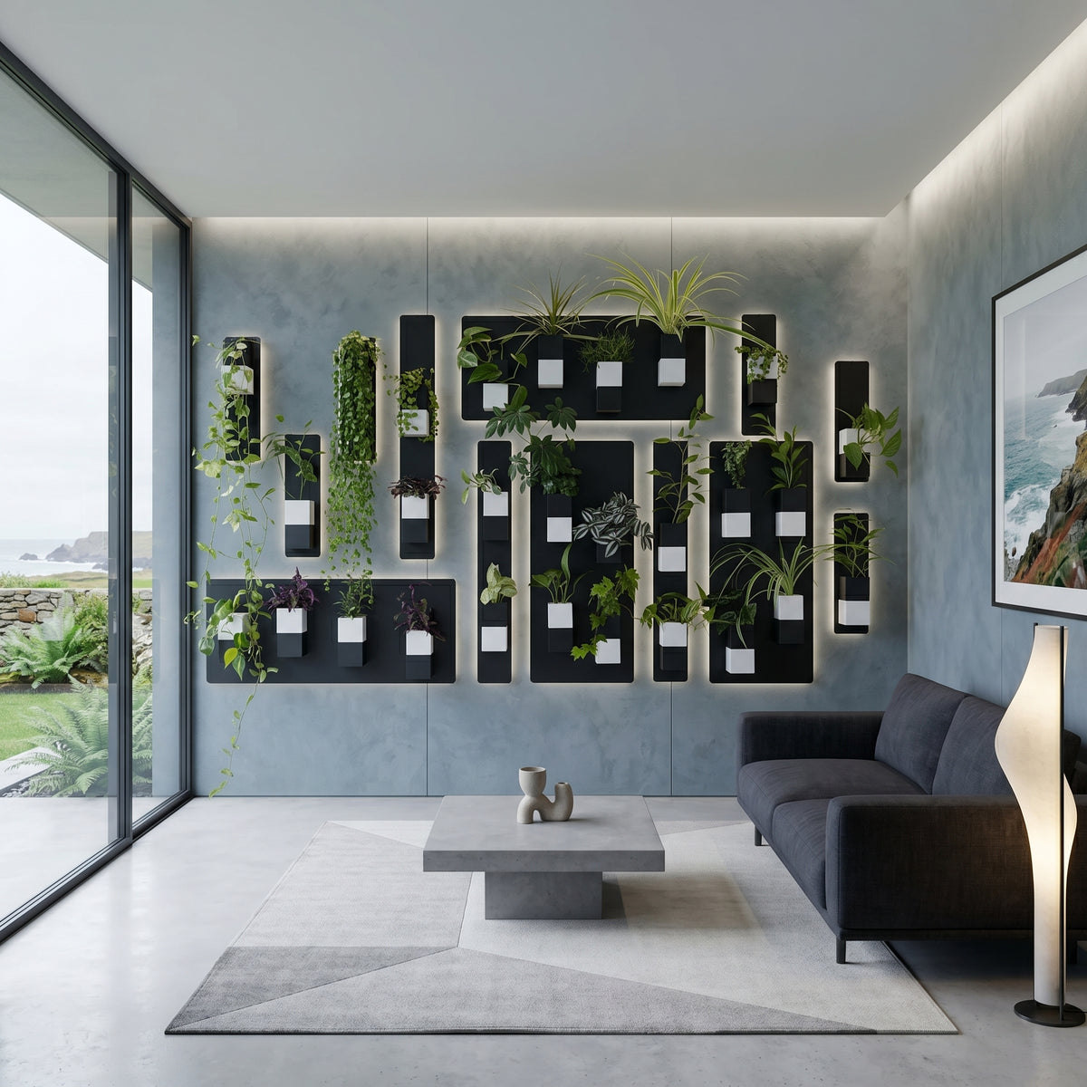 Grand mur végétal rétroéclairé Éclance composé de plaques en acier noir soulignées par une lumière LED et de cache-pots aimantés bicolores noir et blanc modèle Le Cube, adaptés pour des pots de 6cm. L'installation lumineuse est fixée sur un mur bleu-gris texturé dans un salon moderne avec canapé design et grande baie vitrée.