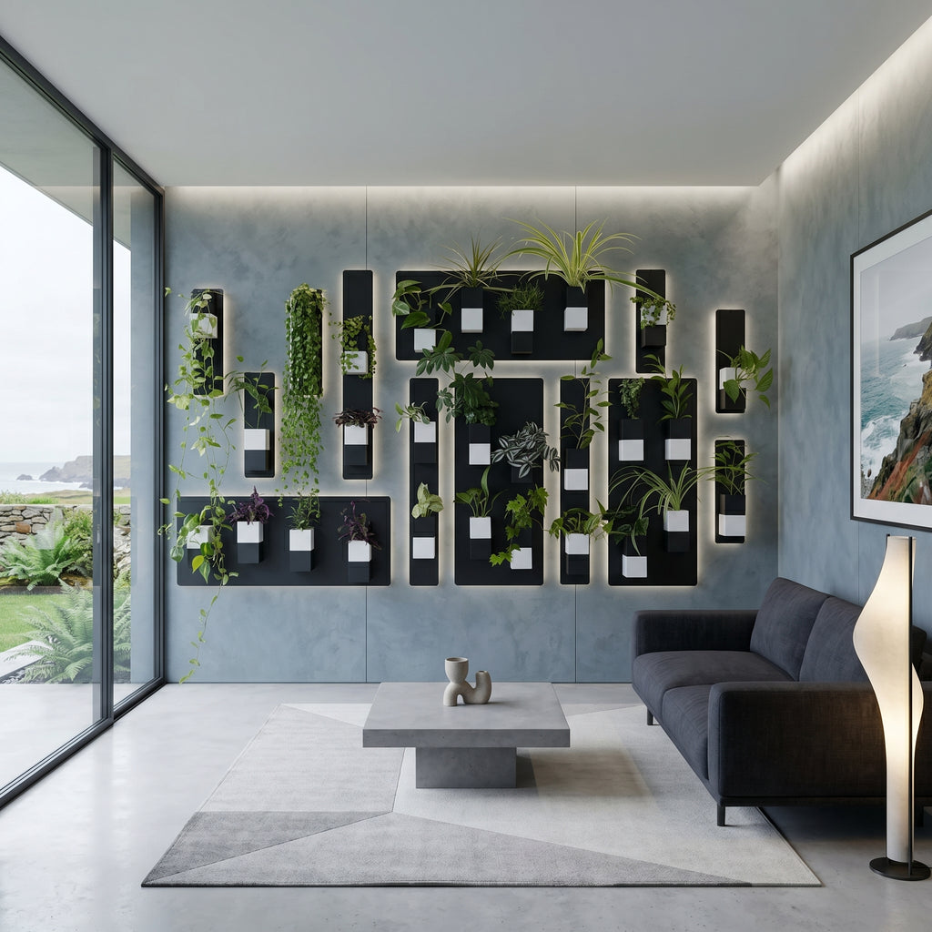 Grand mur végétal rétroéclairé Éclance composé de plaques en acier noir soulignées par une lumière LED et de cache-pots aimantés bicolores noir et blanc modèle Le Cube, adaptés pour des pots de 6cm. L'installation lumineuse est fixée sur un mur bleu-gris texturé dans un salon moderne avec canapé design et grande baie vitrée.
