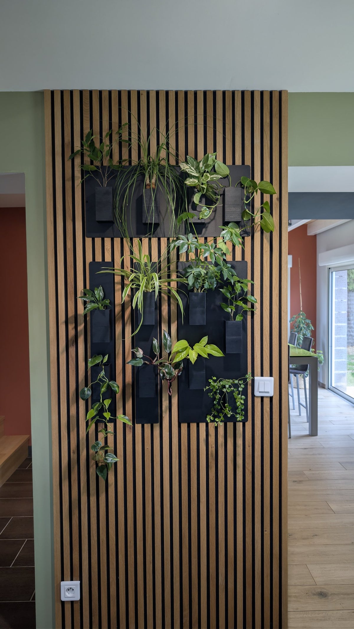 Mur végétal Éclance S noir : panneau tasseaux de bois habillé de supports noirs et de diverses plantes vertes d'intérieur.