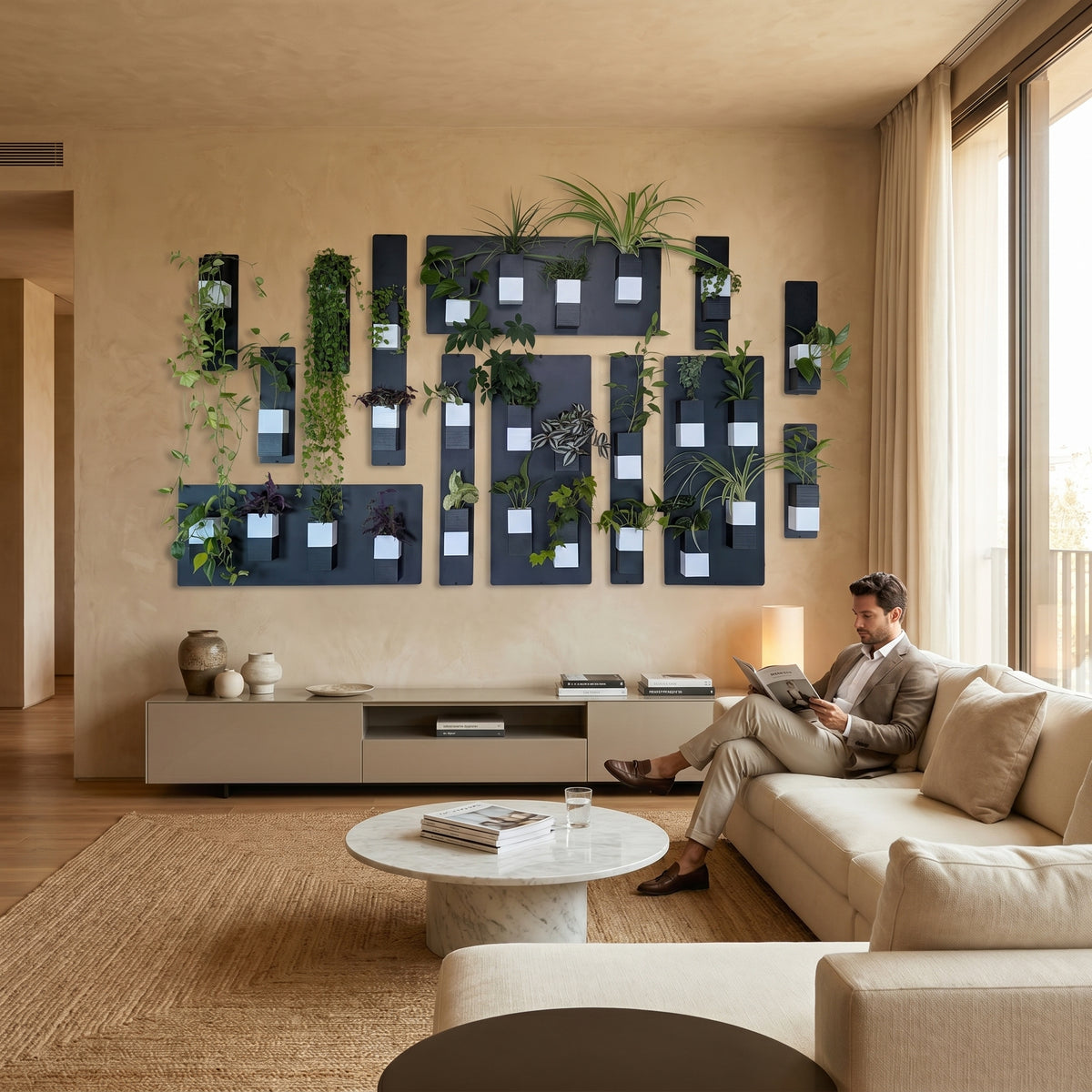 Grand mur végétal modulable Éclance installé sur le mur beige d'un salon luxueux et chaleureux. L'installation comprend plusieurs plaques en acier noir et une collection de cache-pots aimantés bicolores noir et blanc modèle Le Cube, adaptés pour des plantes en pot de 6cm. Au premier plan, un homme est assis sur un canapé beige, apportant une perspective de vie à cette décoration végétale d'intérieur.