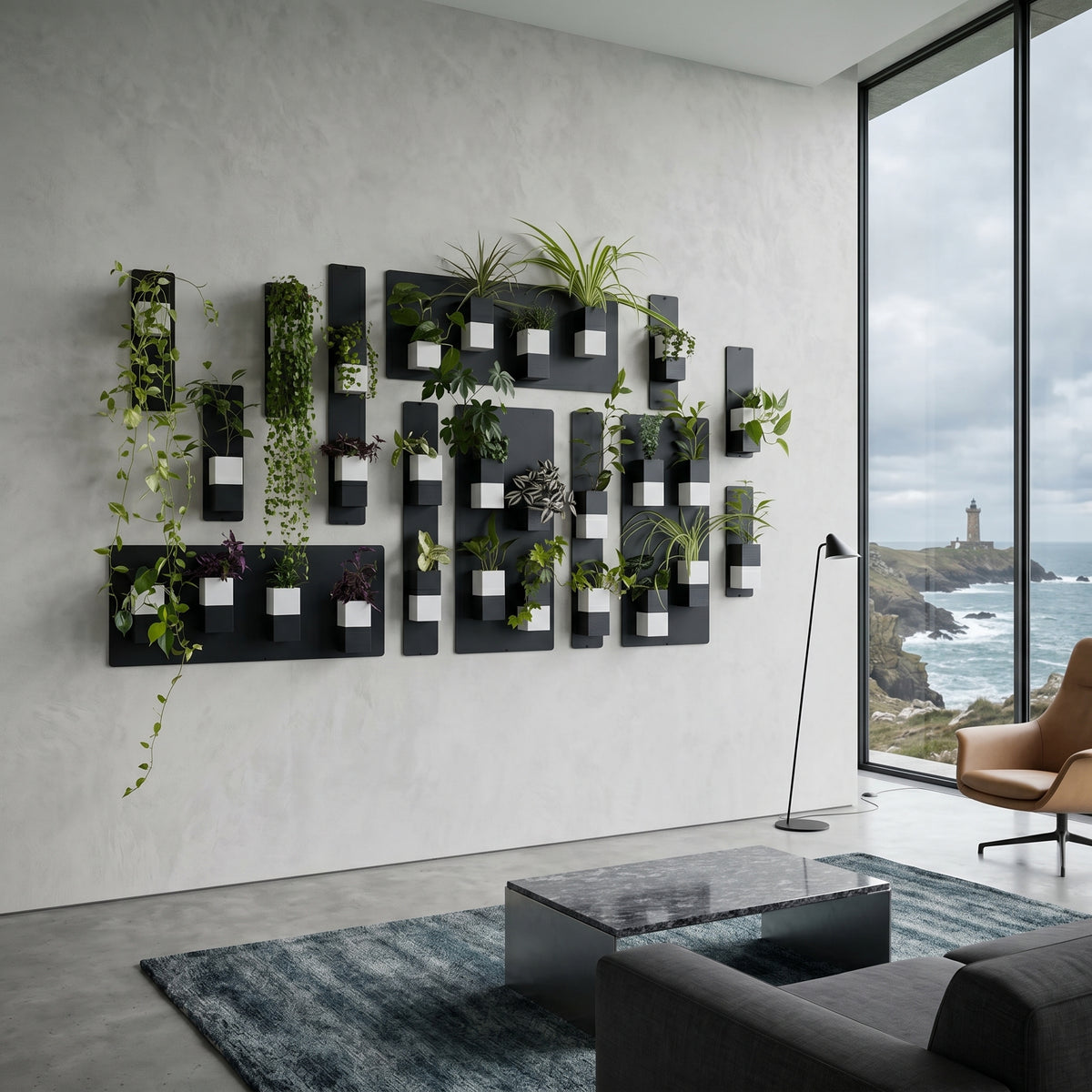 Grand mur végétal panoramique Éclance composé de plaques en acier noir et de cache-pots magnétiques bicolores noir et blanc modèle Le Cube, adaptés pour des pots de 6cm. L'installation est fixée sur un mur en béton ciré gris dans un salon minimaliste de luxe avec une grande baie vitrée ouvrant sur l'océan et un phare.