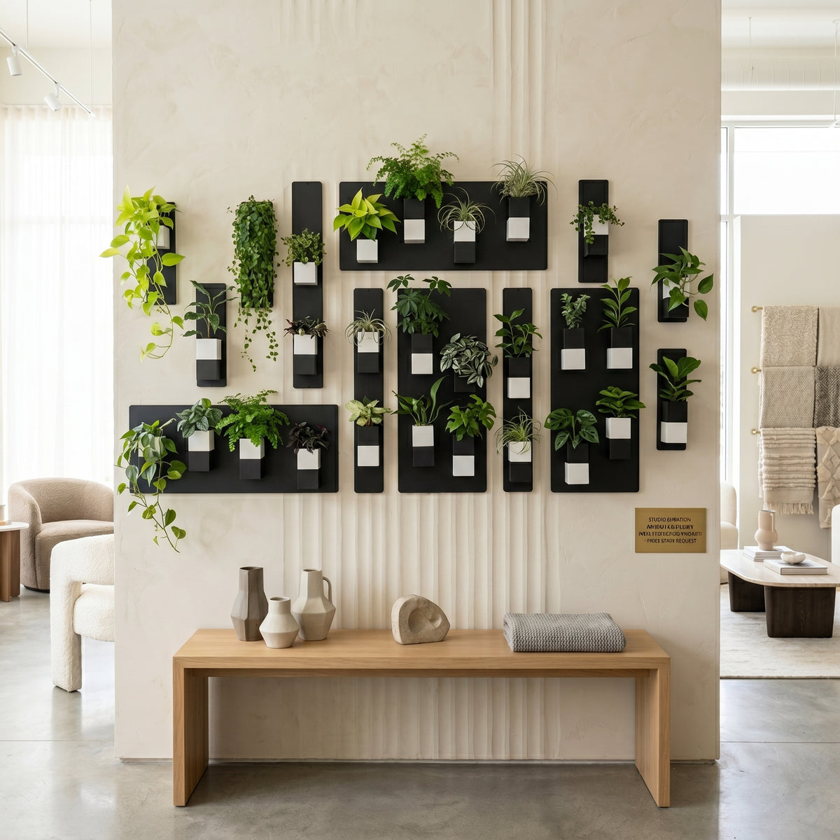 Grand mur végétal Éclance exposé dans un showroom lumineux au style épuré. La composition est fixée sur une cloison texturée beige au-dessus d'un banc en bois clair, combinant des plaques en acier noir et des cache-pots aimantés bicolores noir et blanc modèle Le Cube, adaptés pour des petits pots de 6cm.