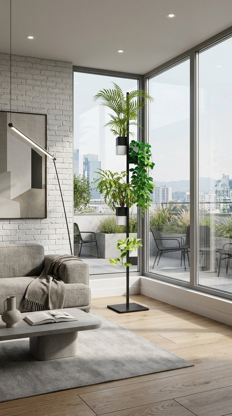 Photographie d'un support de plantes autoportant minimaliste noir de la marque Éclance décoration intérieur végétal, créant un archipel végétal vertical raffiné. Le support est équipé de cache-pots cubiques bicolores noir et blanc 'Le cube', parfaitement dimensionnés pour des pots de 6 cm. Ces cubes contiennent différentes plantes  L'ensemble est positionné dans l'angle lumineux d'un salon moderne avec un mur de  briques blanches, un canapé gris confortable. Éclance pour un intérieur végétal d'exception.