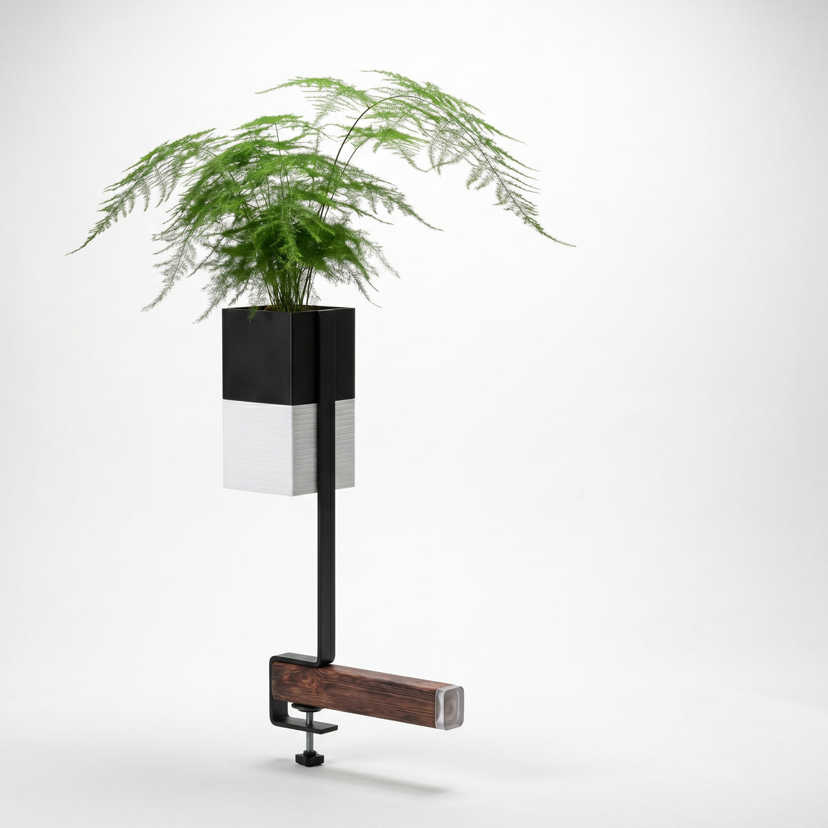 Barre de support verticale Éclance avec un cache-pot Le cube noir et blanc pour pot de 6cm, aménagement d'un îlot végétal intérieur moderne et minimaliste.