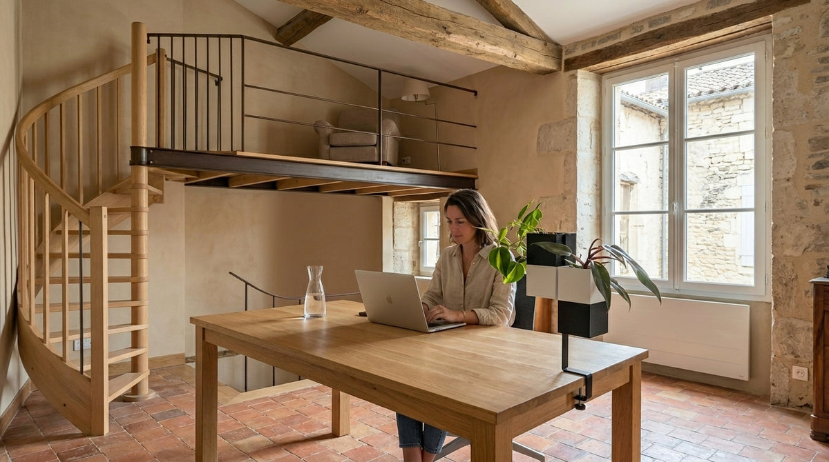 Une femme travaille sur son ordinateur portable dans un bureau à domicile au style rustique avec mezzanine et escalier en colimaçon en bois. Sur la table en chêne, on voit clairement le support l'îlot végétal de la marque Éclance. Ce support noir est fixé au bureau par une pince et contient des cache-pots Le cube d'Éclance (adaptés pour des pots de 6 cm), de couleur noir et blanc, remplis de plantes vertes. La scène montre l'intégration harmonieuse du design végétal moderne dans une architecture ancienne.