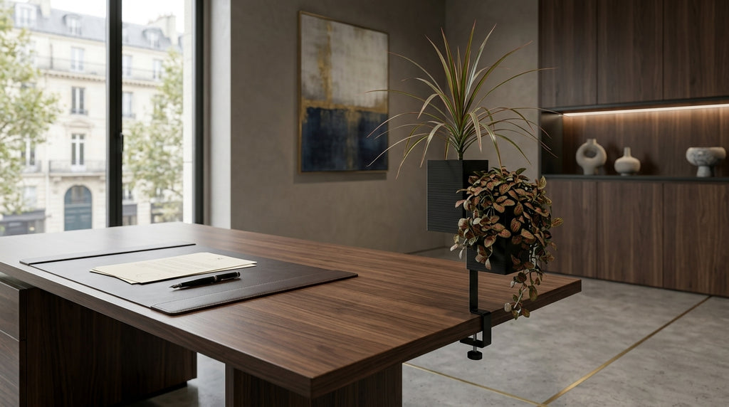 photographie professionnelle d'un bureau de direction luxueux avec le support double l'îlot végétal Éclance décoration intérieur végétal noir fixé au coin d'une table en bois de noyer massif. Le support maintient deux cache-pots Le cube noirs  dont adapté pour un pot de 6cm, contenant des plantes Dracaena (araignée) et Fittonia (nerve plant). Sur le bureau, un sous-main en cuir marron, un stylo plume et des documents. L'arrière-plan montre une grande fenêtre avec vue sur les immeubles haussmanniens parisien