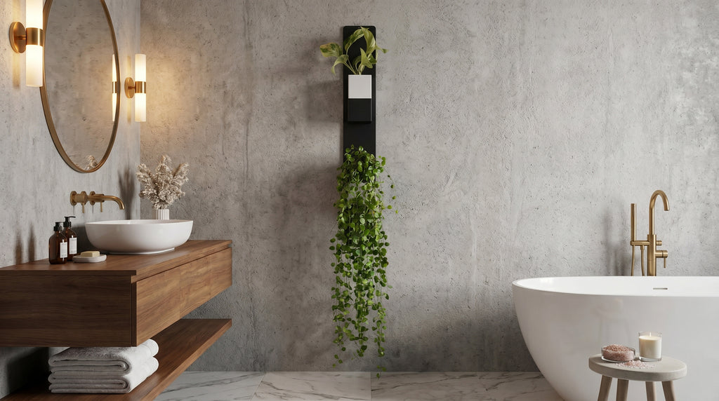 Aménagement d'une salle de bain moderne et relaxante avec mur en béton ciré, meuble vasque en bois et baignoire îlot. Au centre de la pièce, un support mural vertical en métal noir de la marque Éclance décoration intérieur végétal accueille une luxuriante composition végétale. Celle-ci est disposée dans deux cache-pots Le Cube, spécialement adaptés pour des pots de 6cm : un modèle bicolore noir et blanc en haut, et un modèle unicolore tout noir en bas d'où cascade une impressionnante plante retombante.
