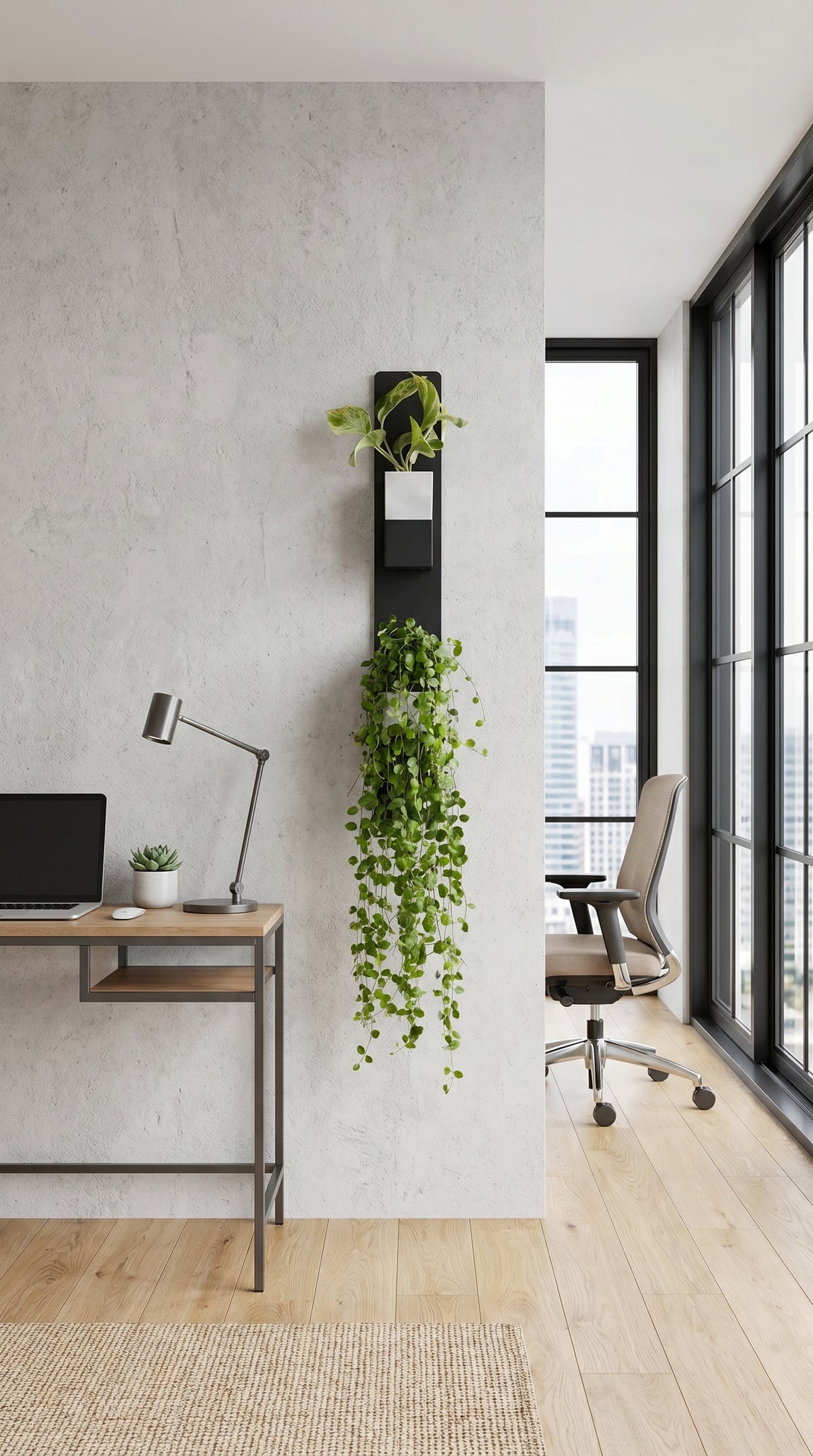 Une composition murale végétale de la marque Éclance décoration intérieur végétal dans un bureau moderne. Un support mural vertical en métal noir accueille deux cache-pots Le Cube de 6cm. Le cube supérieur est bicolore noir et blanc avec une plante verte, et le cube inférieur est tout blanc, d'où cascade une longue plante tombante verte. L'ensemble décore un espace de travail lumineux devant de grandes fenêtres.