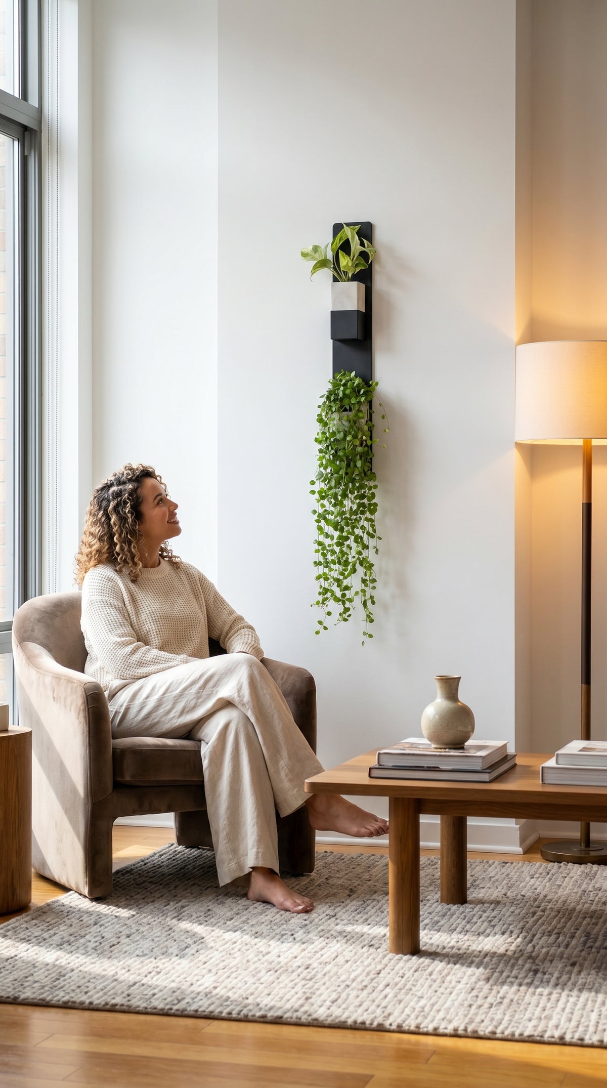 Une femme souriante, assise pieds nus dans un fauteuil en velours, contemple une composition végétale baignée de lumière naturelle dans un salon moderne. Fixé au mur, un élégant support mural vertical noir de la marque Éclance décoration intérieur végétal accueille des cache-pots Le Cube, spécialement adaptés pour des pots de 6cm. Le module supérieur est un cube bicolore noir et blanc contenant une petite plante verte, tandis qu'une impressionnante plante retombante cascade de la partie inférieure. 