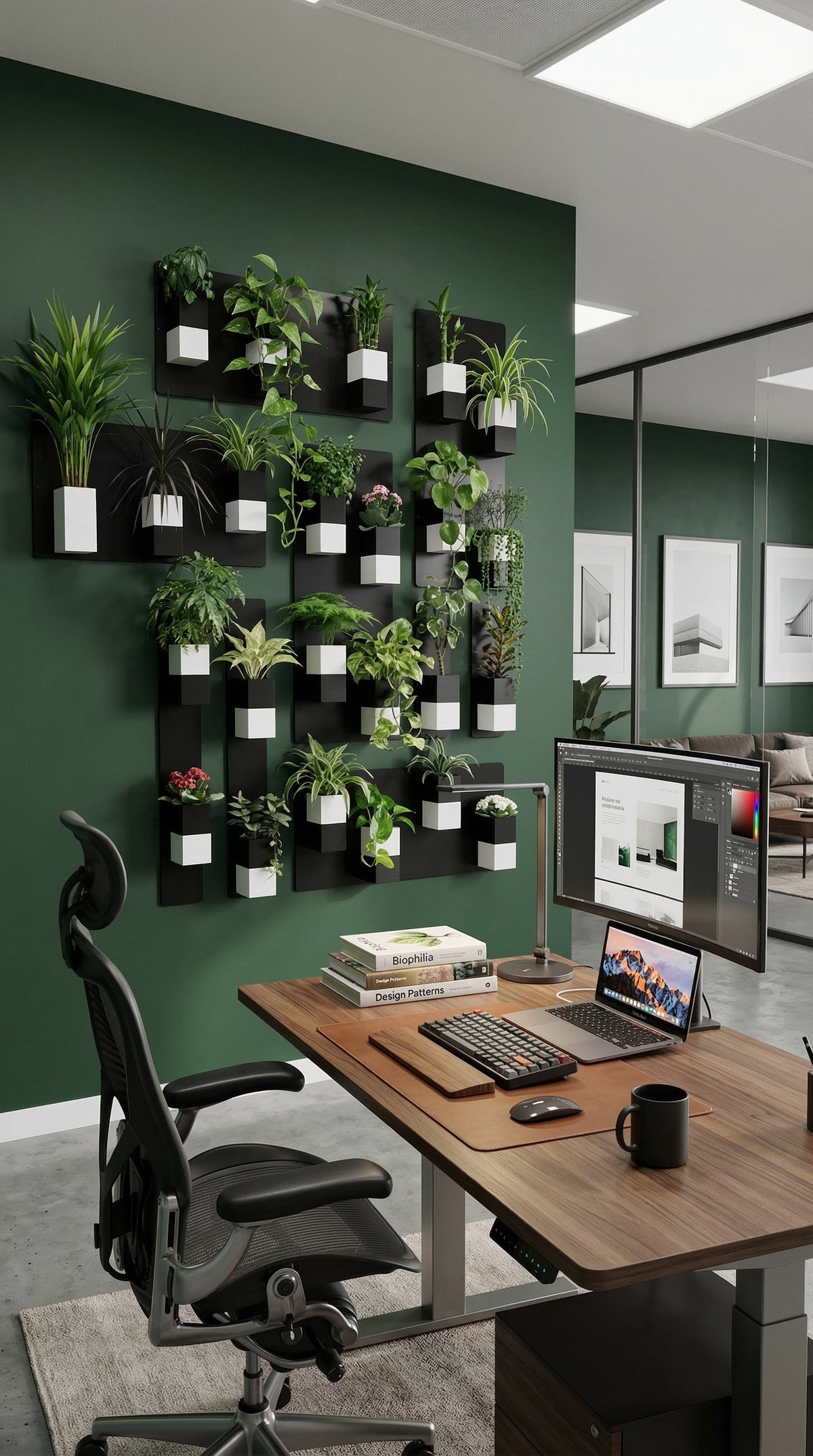 Aménagement de bureau industriel et biophilique par Éclance décoration intérieur végétal, comprenant un grand mur végétal modulaire noir sur le mur de droite, et un archipel végétal vertical autoportant près de la fenêtre à gauche. L'archipel présente des cache-pots Le cube d'Éclance, parfaitement adaptés pour un pot de 6cm, dans des finitions noir et blanc.