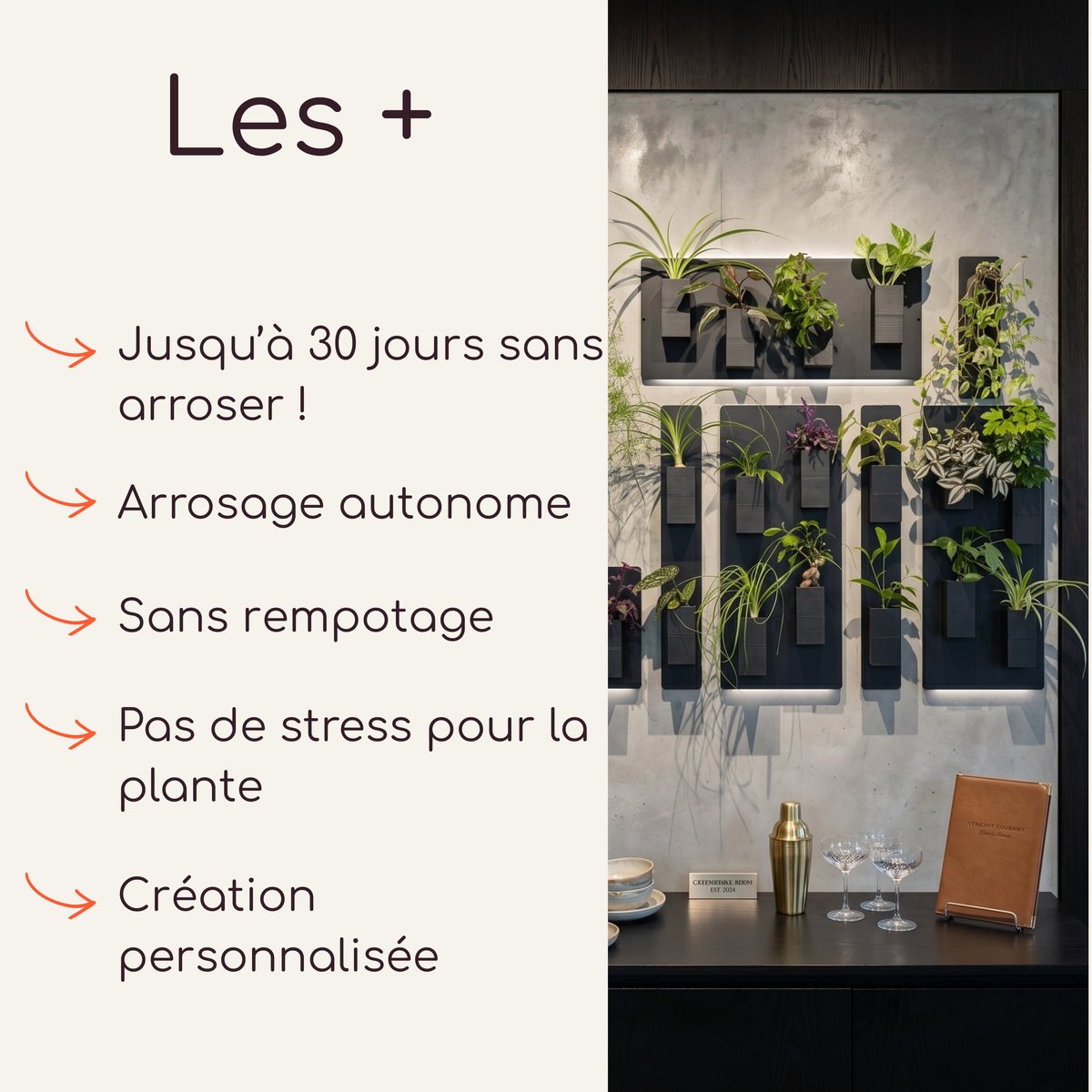 Infographie marketing mettant en avant "Les +" de la marque Éclance décoration intérieur végétal. La partie gauche liste les bénéfices du produit avec des flèches orange : jusqu'à 30 jours sans arroser !, arrosage autonome, sans rempotage, pas de stress pour la plante et création personnalisée. La partie droite présente une mise en situation chic au-dessus d'un comptoir de bar noir avec un shaker doré et des verres à cocktail. On y voit un mur végétal rétroéclairé par des LED, composé de supports.